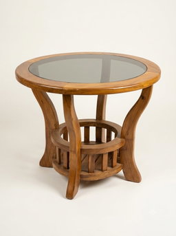ROUND SOLID TEAK WOOD GLASS-TOP TEAPOY