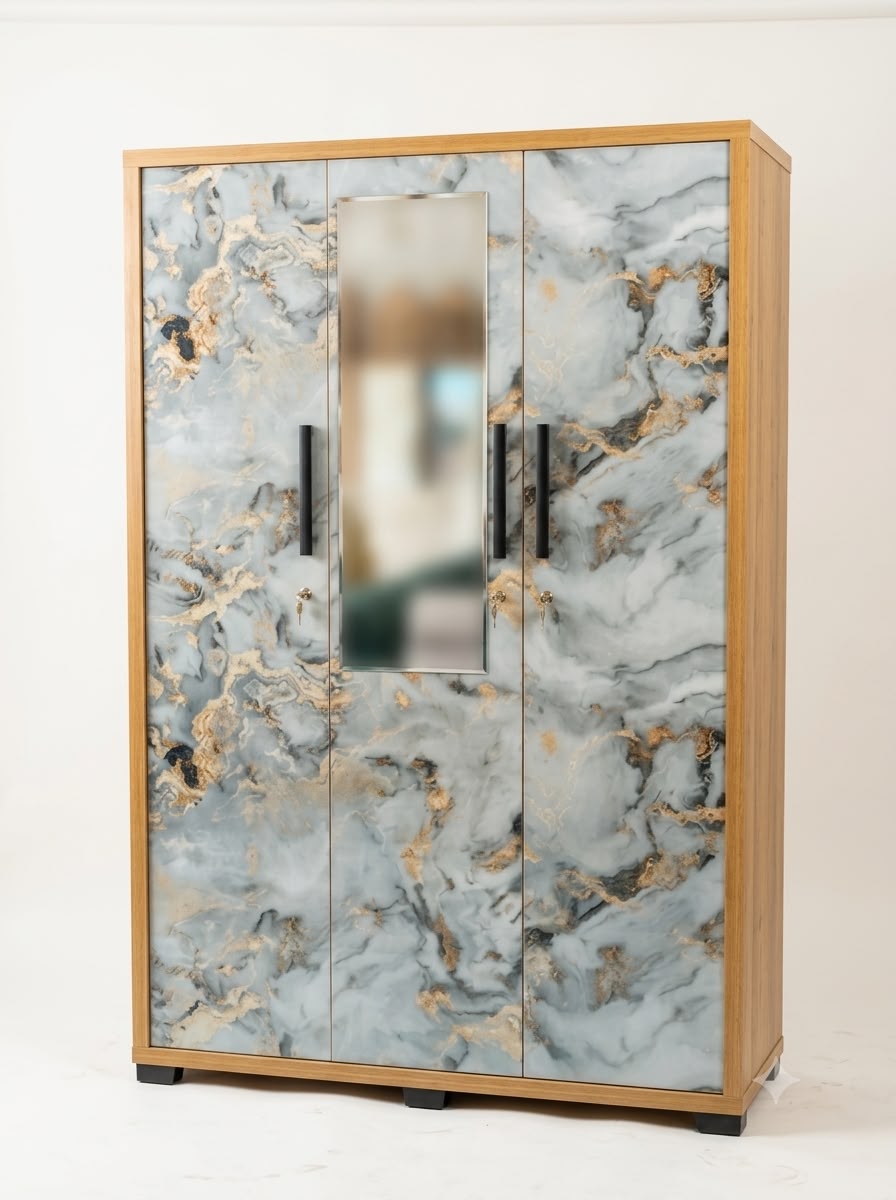 LUXURY 3-DOOR MARBLE-FINISH WARDROBE WITH DRESSING MIRROR