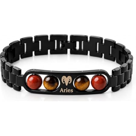 Black Aries Zodiac Bracelet with Tiger Eye and Red Beads_0