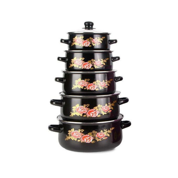 Enamel pot Set (5 pieces): Enamel Soup Pot, Stew Pot, Saucepan with Double Handles and Glass Lid - Black_1