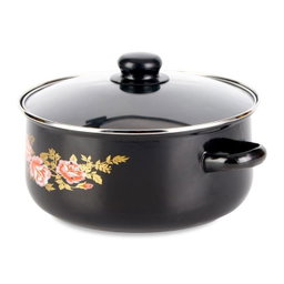 Enamel pot Set (5 pieces): Enamel Soup Pot, Stew Pot, Saucepan with Double Handles and Glass Lid - Black
