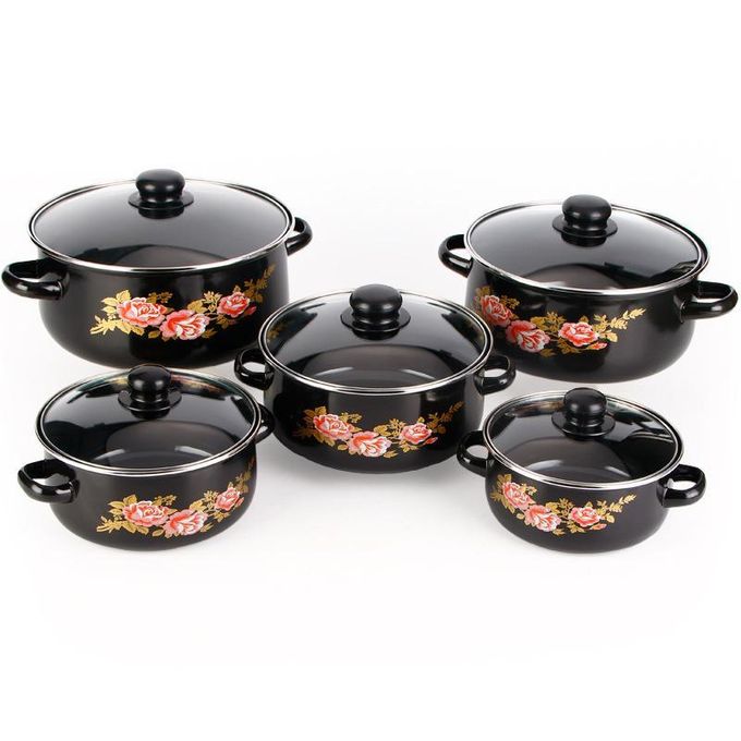 Enamel pot Set (5 pieces): Enamel Soup Pot, Stew Pot, Saucepan with Double Handles and Glass Lid - Black