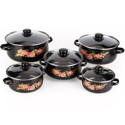 Enamel pot Set (5 pieces): Enamel Soup Pot, Stew Pot, Saucepan with Double Handles and Glass Lid - Black
