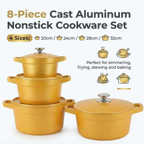 BROCOOK 8 Piece Cast Aluminum Non Stick Cookware Set with Lids 20 24 28 32 cm Dutch Oven Style Pots for Stew Jollof Rice Baking Firewood Induction Electric Ceramic and Oven Use_3