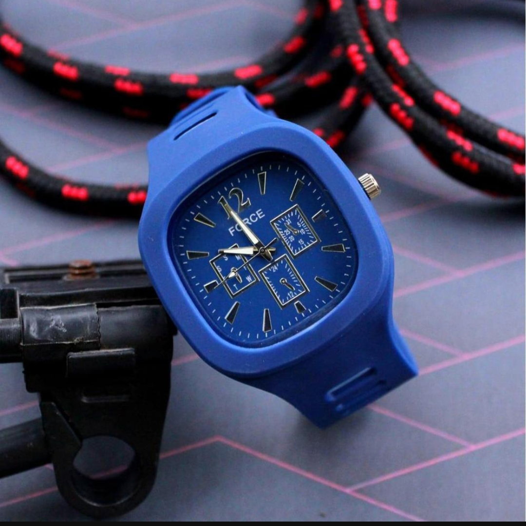 VELTRON Modern Blue Silicone Watch with Golden Dial
