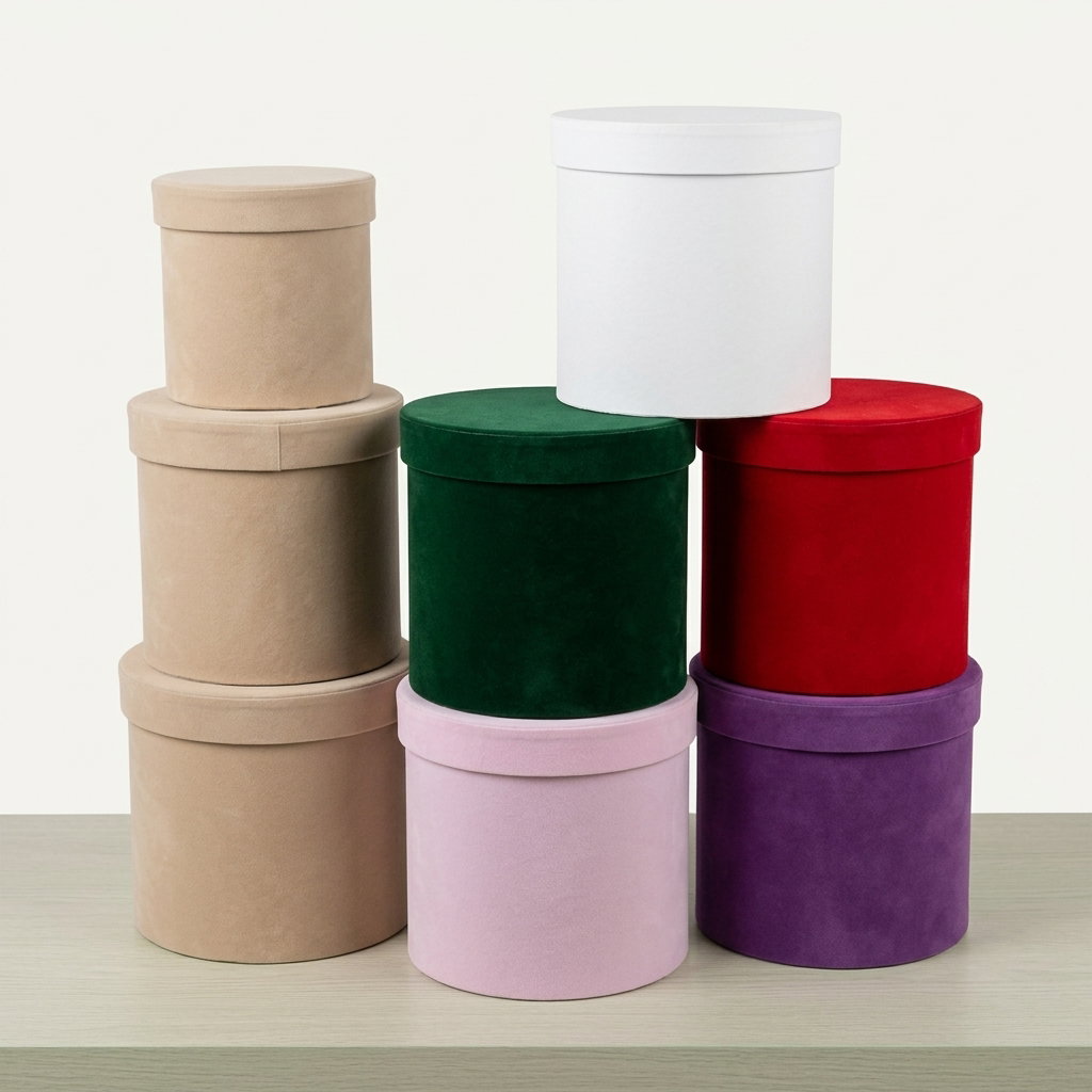 Set of 3 Round Velvet Boxes for Flowers H13.5-H17