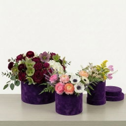 Set of 3 Round Velvet Boxes for Flowers H13.5-H17
