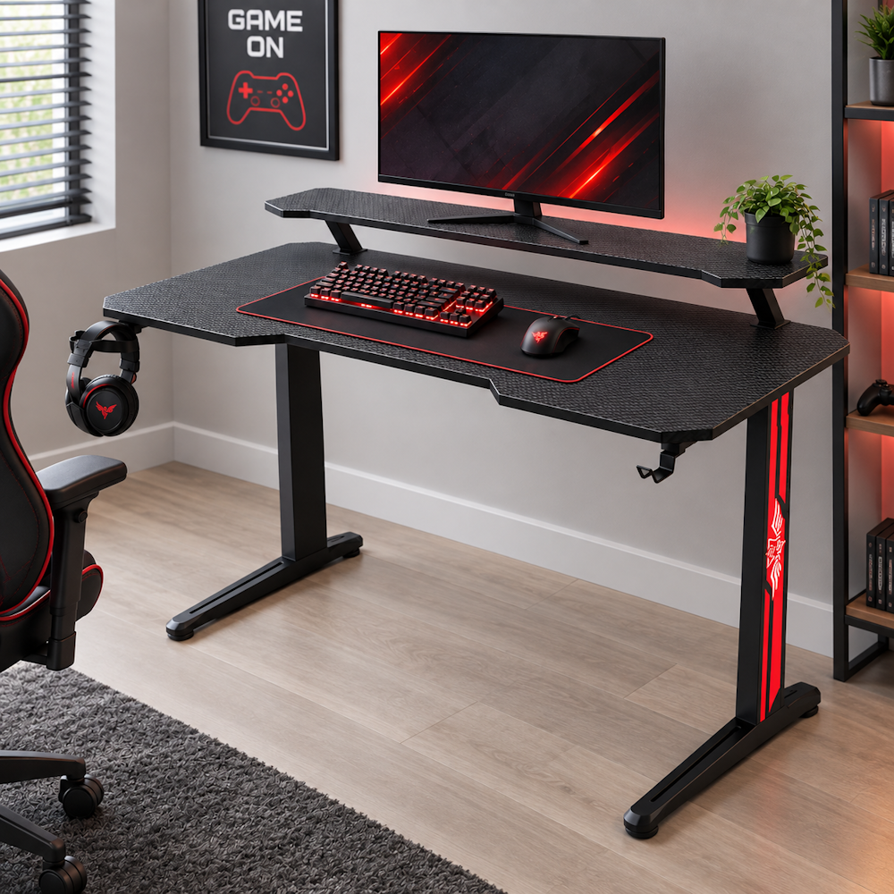 Gaming Table with Tiered Shelf and Headset Holder