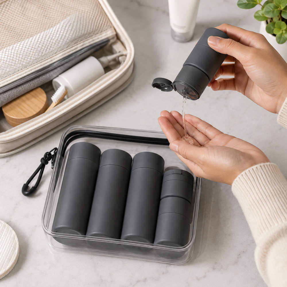 5-Piece Reusable Travel Bottle Set with Labels and Carry Bag_0