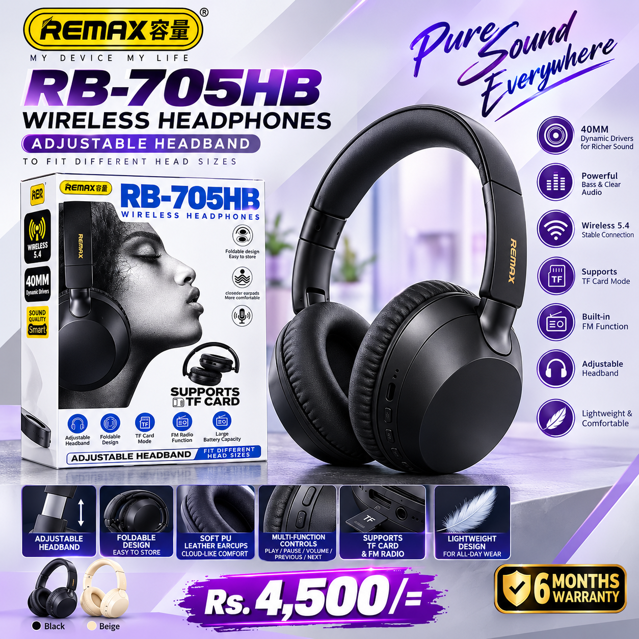 REMAX RB-705HB Adjustable Wireless Headphone 