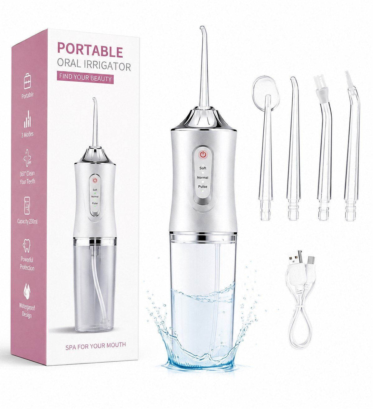 Portable Green Cordless Electric Water Flosser And Oral Irrigator With a 230ml Water Tank 