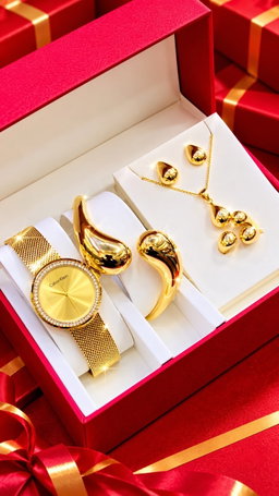 New Quality 5 in 1 Gold Jewelry Set - Watch + Chain + Bangle + Ring + Earrings | Full Box