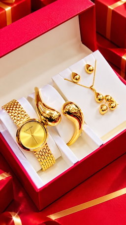 New Quality 5 in 1 Gold Jewelry Set - Watch + Chain + Bangle + Ring + Earrings | Full Box
