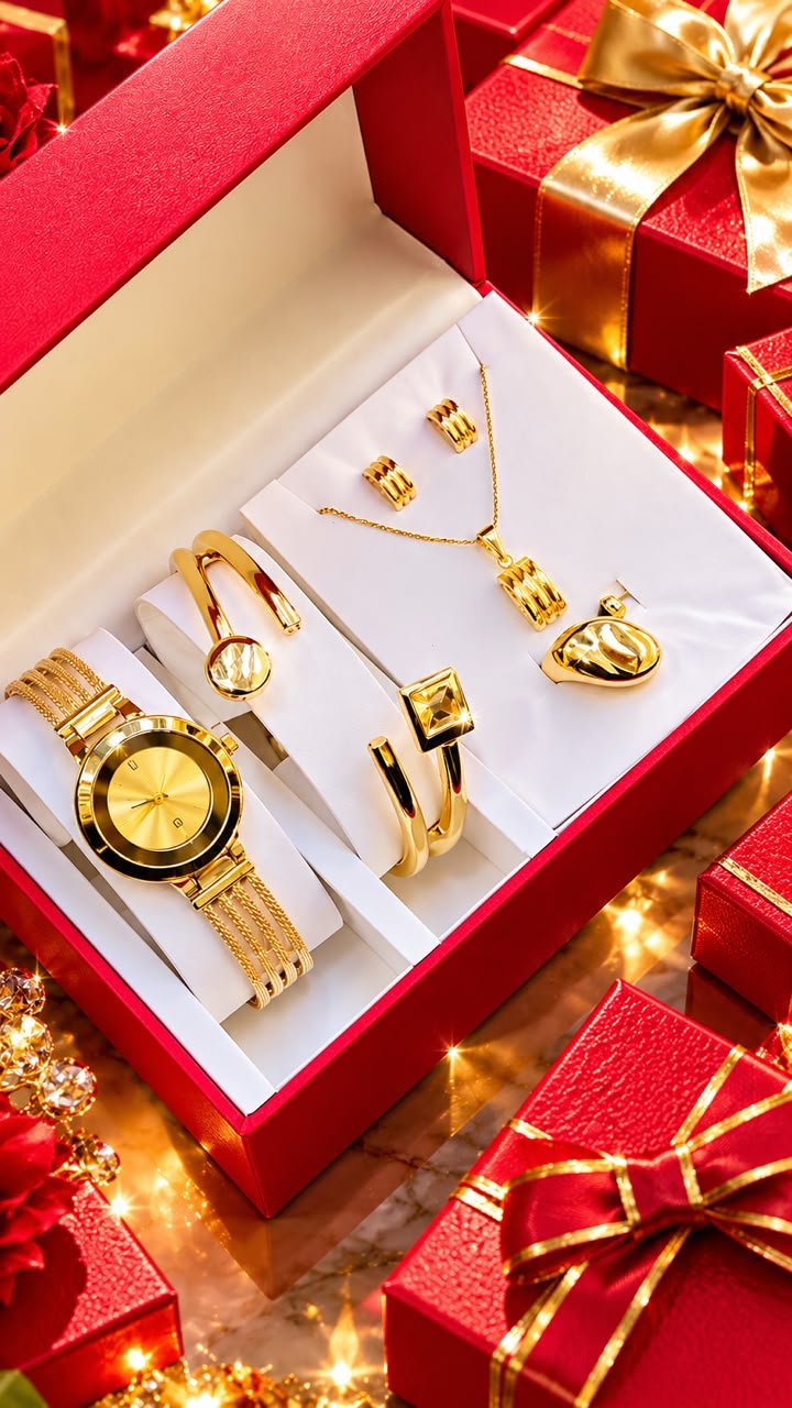 New Quality 5 in 1 Gold Jewelry Set - Watch + Chain + Bangle + Ring + Earrings | Full Box_6