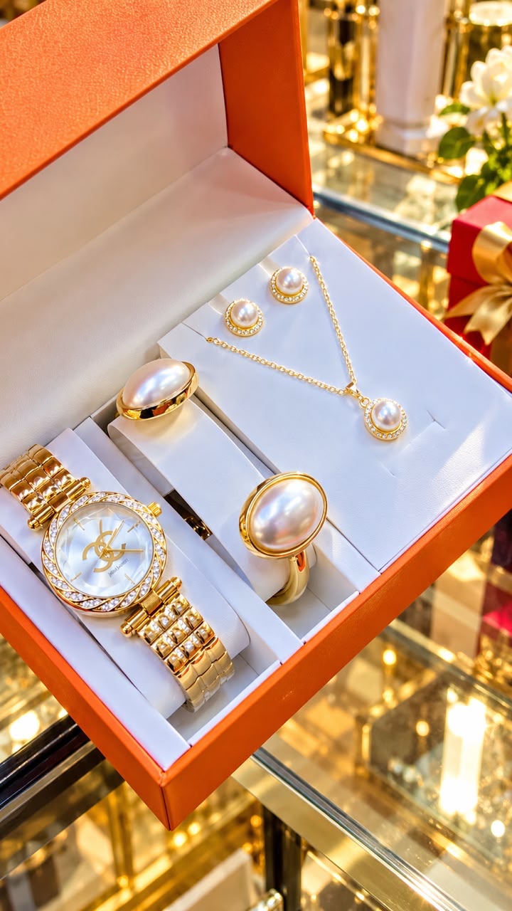 New Quality 5 in 1 Gold Jewelry Set - Watch + Chain + Bangle + Ring + Earrings | Full Box