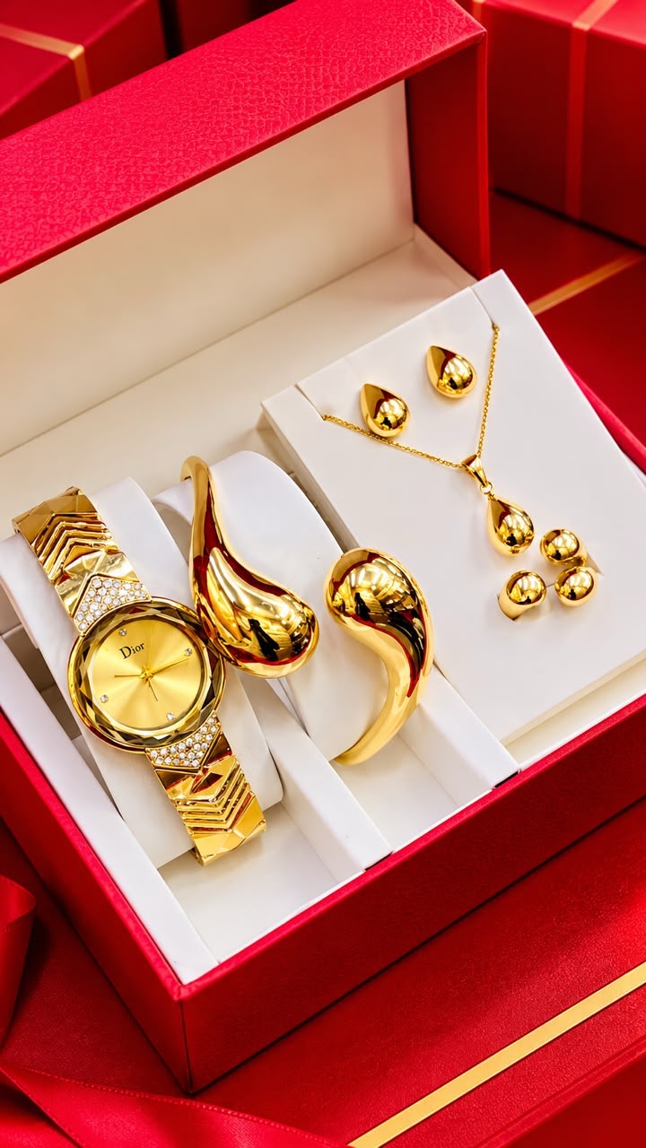 New Quality 5 in 1 Gold Jewelry Set - Watch + Chain + Bangle + Ring + Earrings | Full Box_2