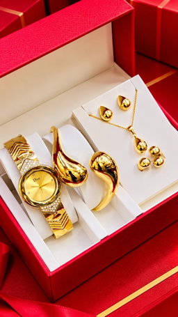 New Quality 5 in 1 Gold Jewelry Set - Watch + Chain + Bangle + Ring + Earrings | Full Box