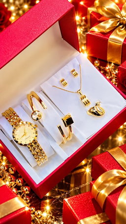 New Quality 5 in 1 Gold Jewelry Set - Watch + Chain + Bangle + Ring + Earrings | Full Box