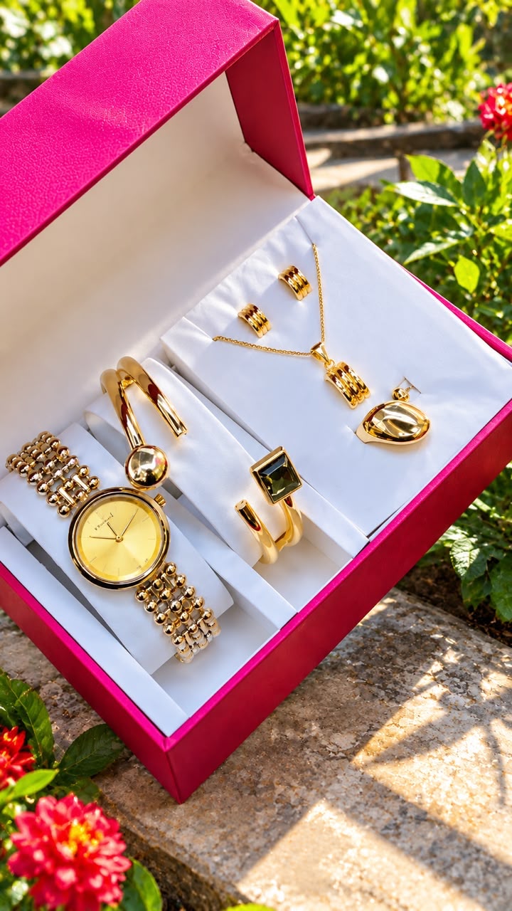 New Quality 5 in 1 Gold Jewelry Set - Watch + Chain + Bangle + Ring + Earrings | Full Box_12