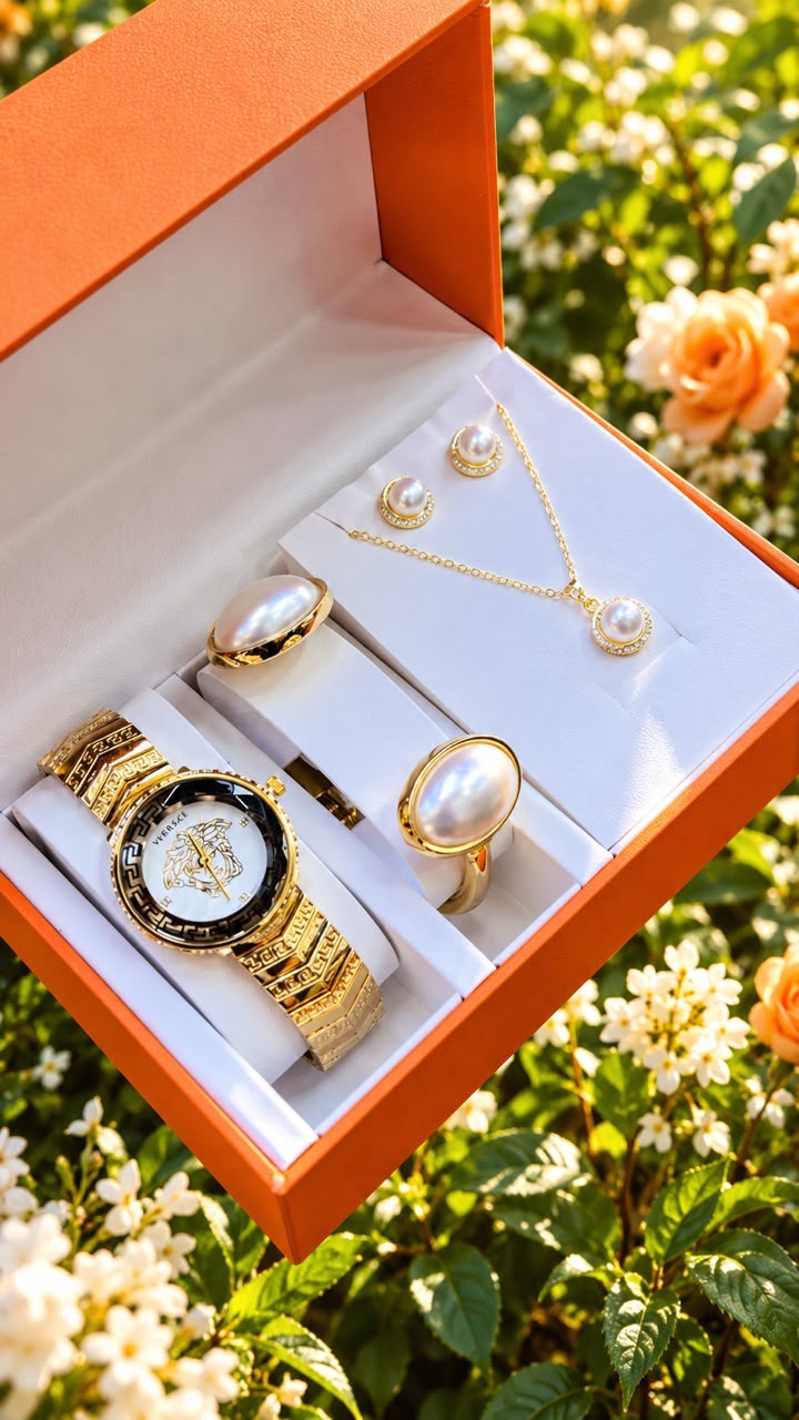 New Quality 5 in 1 Gold Jewelry Set - Watch + Chain + Bangle + Ring + Earrings | Full Box_13
