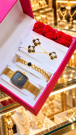 New Quality 5 in 1 Gold Jewelry Set - Watch + Chain + Bangle + Ring + Earrings | Full Box