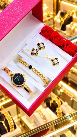 New Quality 5 in 1 Gold Jewelry Set - Watch + Chain + Bangle + Ring + Earrings | Full Box