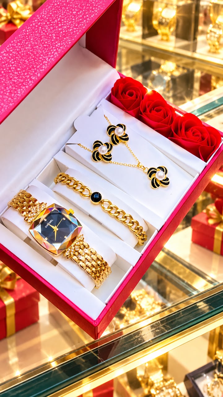 New Quality 5 in 1 Gold Jewelry Set - Watch + Chain + Bangle + Ring + Earrings | Full Box_19