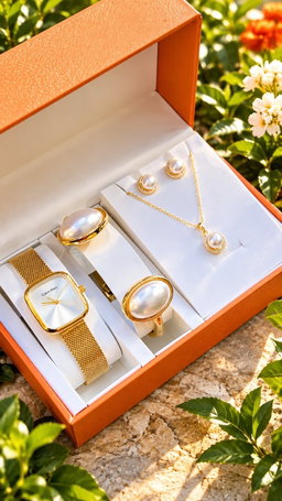 New Quality 5 in 1 Gold Jewelry Set - Watch + Chain + Bangle + Ring + Earrings | Full Box