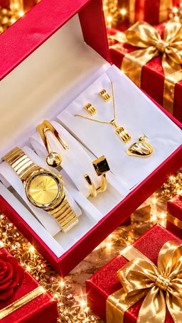 New Quality 5 in 1 Gold Jewelry Set - Watch + Chain + Bangle + Ring + Earrings | Full Box