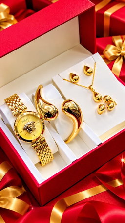 New Quality 5 in 1 Gold Jewelry Set - Watch + Chain + Bangle + Ring + Earrings | Full Box