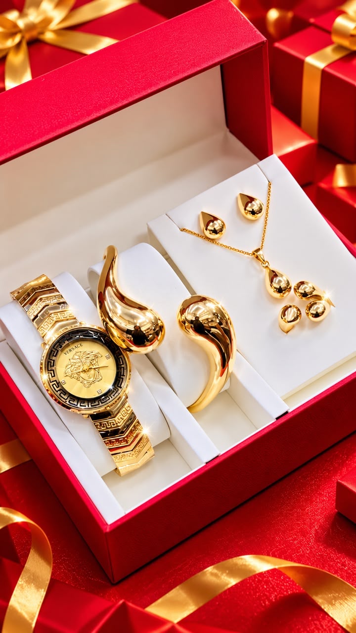 New Quality 5 in 1 Gold Jewelry Set - Watch + Chain + Bangle + Ring + Earrings | Full Box_31
