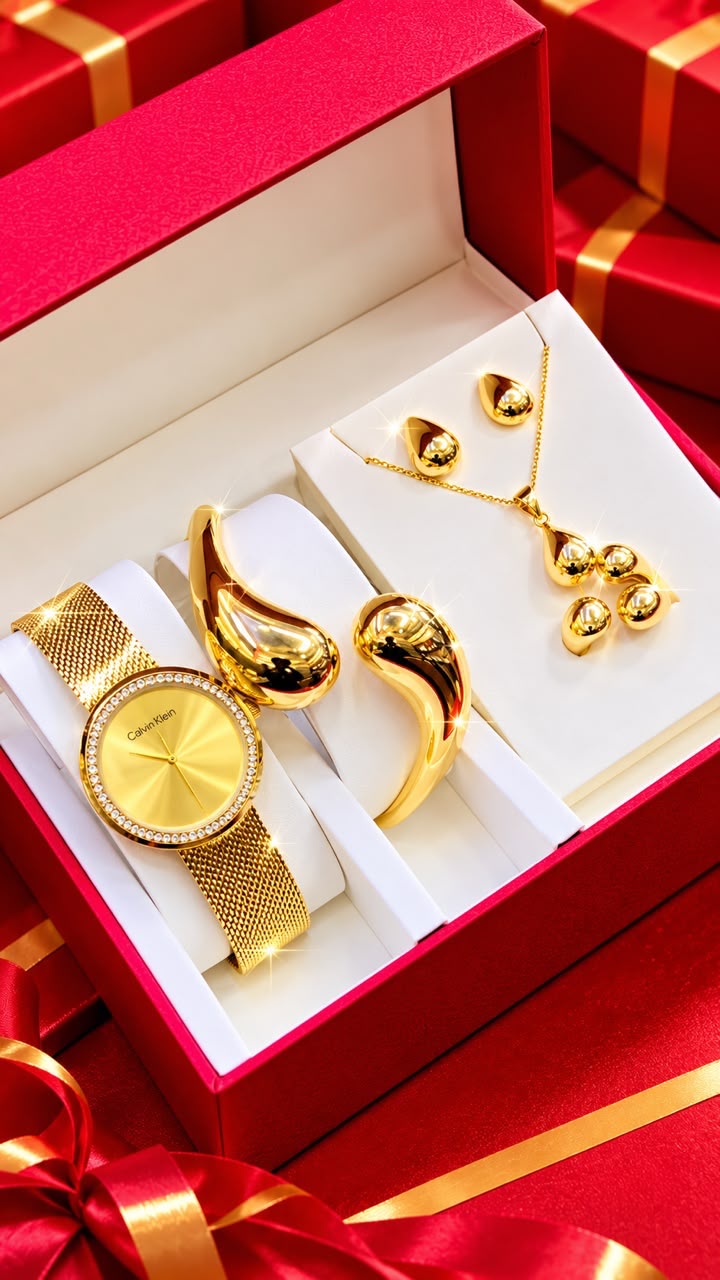 New Quality 5 in 1 Gold Jewelry Set - Watch + Chain + Bangle + Ring + Earrings | Full Box_32