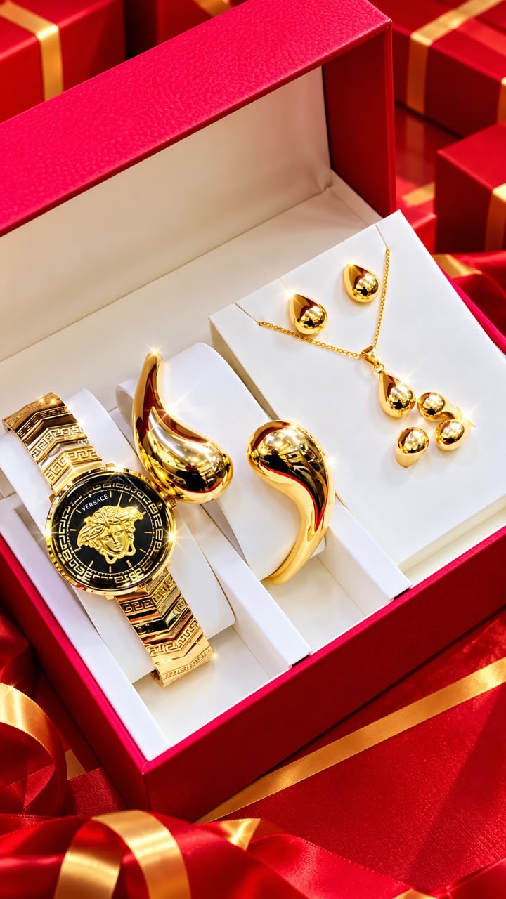 New Quality 5 in 1 Gold Jewelry Set - Watch + Chain + Bangle + Ring + Earrings | Full Box_33
