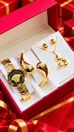 New Quality 5 in 1 Gold Jewelry Set - Watch + Chain + Bangle + Ring + Earrings | Full Box