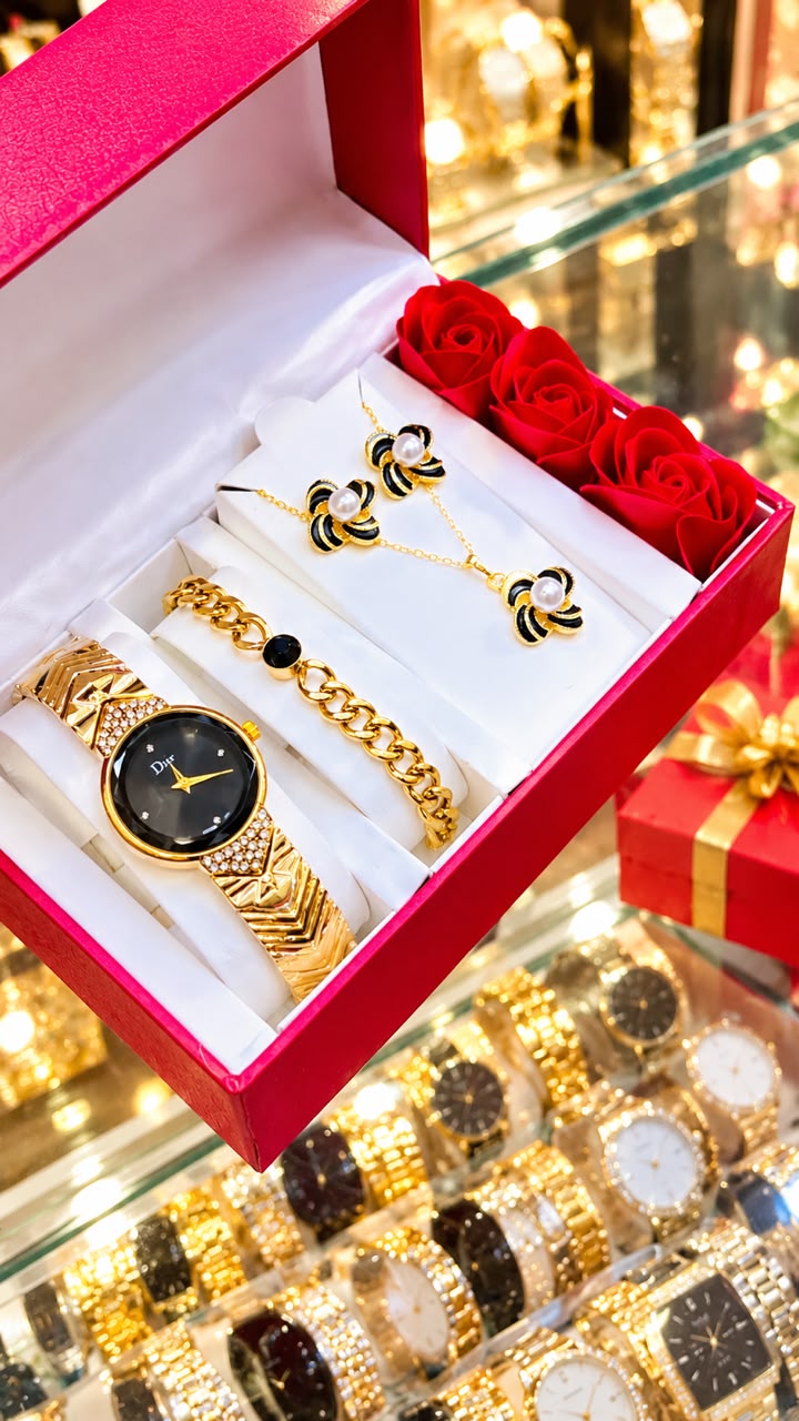 New Quality 5 in 1 Gold Jewelry Set - Watch + Chain + Bangle + Ring + Earrings | Full Box_36