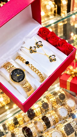 New Quality 5 in 1 Gold Jewelry Set - Watch + Chain + Bangle + Ring + Earrings | Full Box