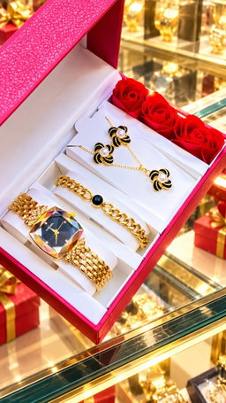New Quality 5 in 1 Gold Jewelry Set - Watch + Chain + Bangle + Ring + Earrings | Full Box
