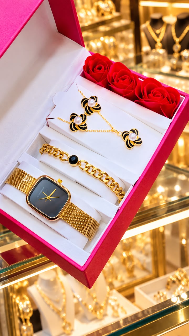 New Quality 5 in 1 Gold Jewelry Set - Watch + Chain + Bangle + Ring + Earrings | Full Box_38