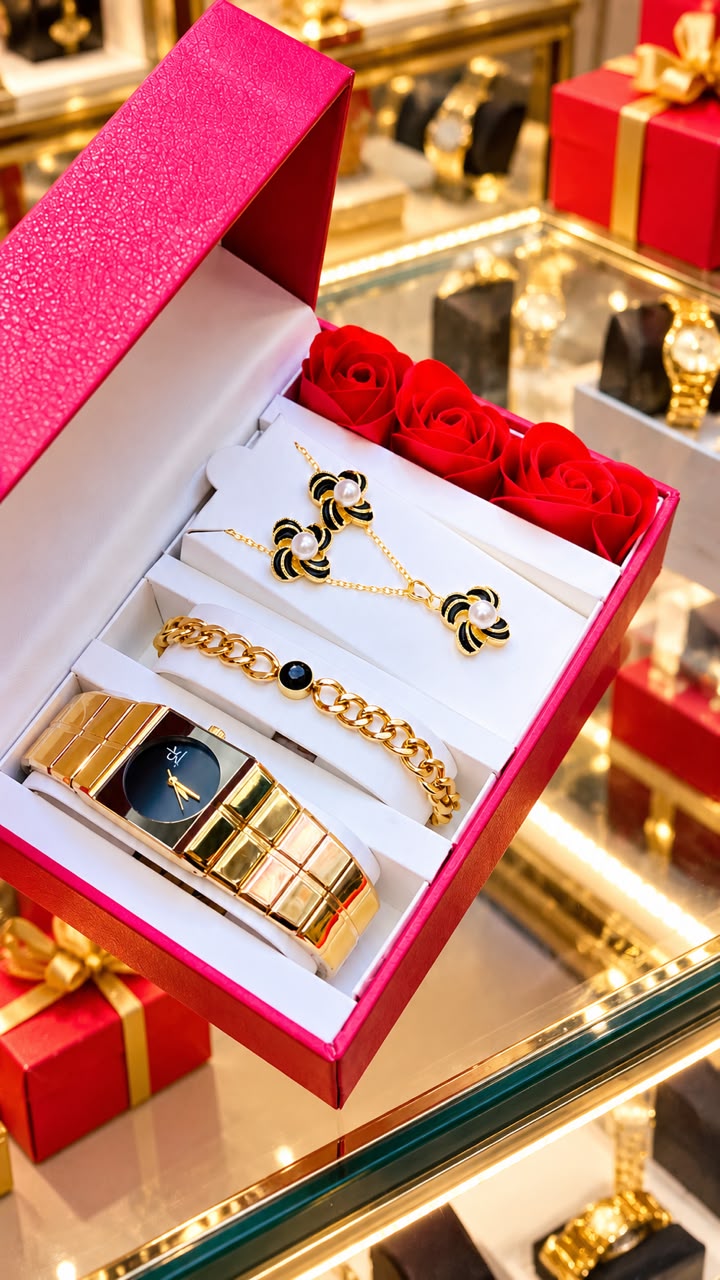 New Quality 5 in 1 Gold Jewelry Set - Watch + Chain + Bangle + Ring + Earrings | Full Box_39
