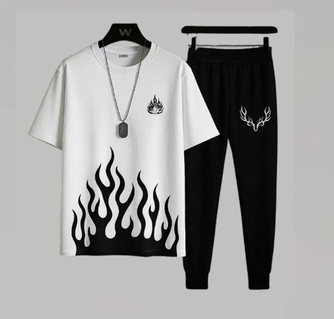 Men's Two-Piece Flame Print T-Shirt & Jogger Tracksuit Set_0