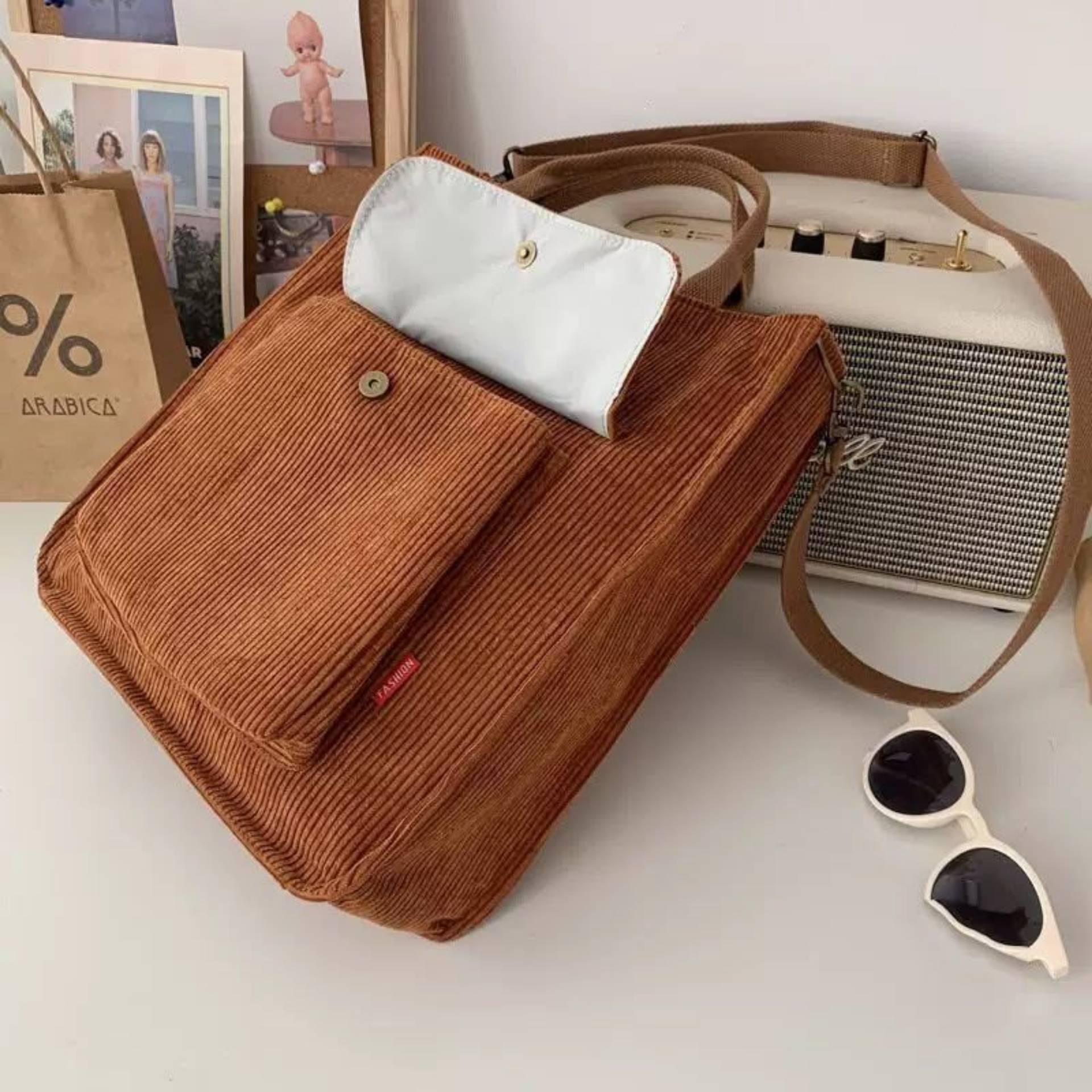 Brown corduroy tote bag