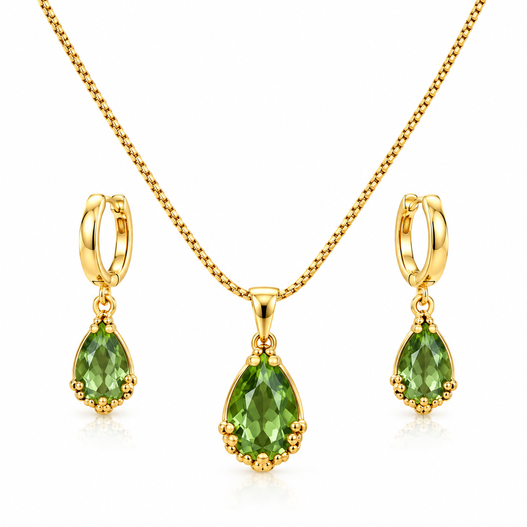 Green Crystal Teardrop Necklace and Earrings Set for Women