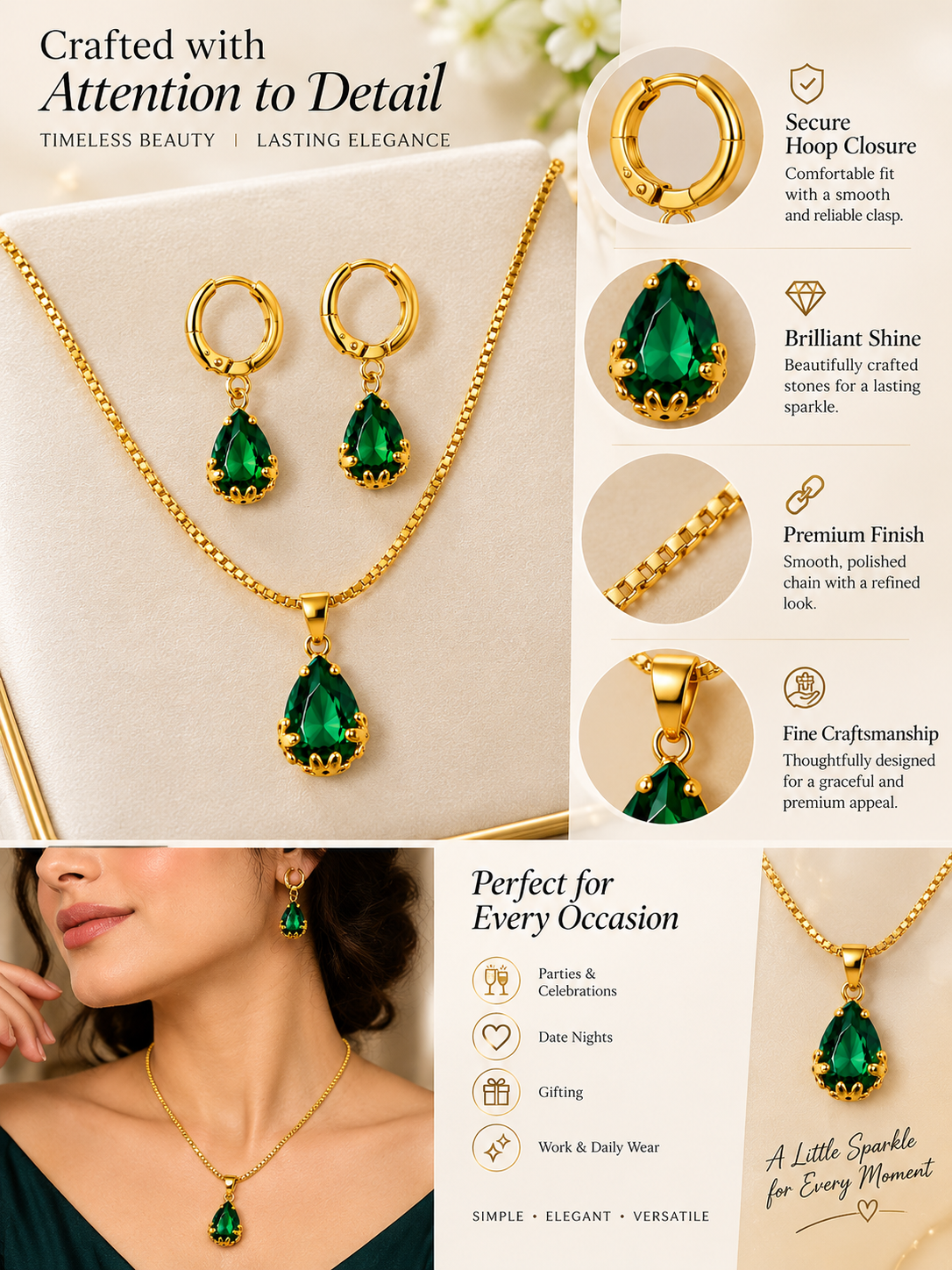 Green Crystal Teardrop Necklace and Earrings Set for Women_0