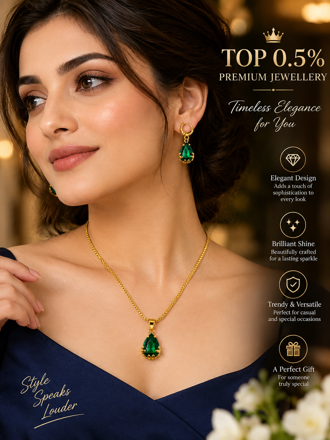 Green Crystal Teardrop Necklace and Earrings Set for Women_1