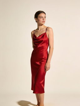 Vestido Bijou · satén rojo