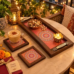 Orange Mandala Tray and Coaster Set