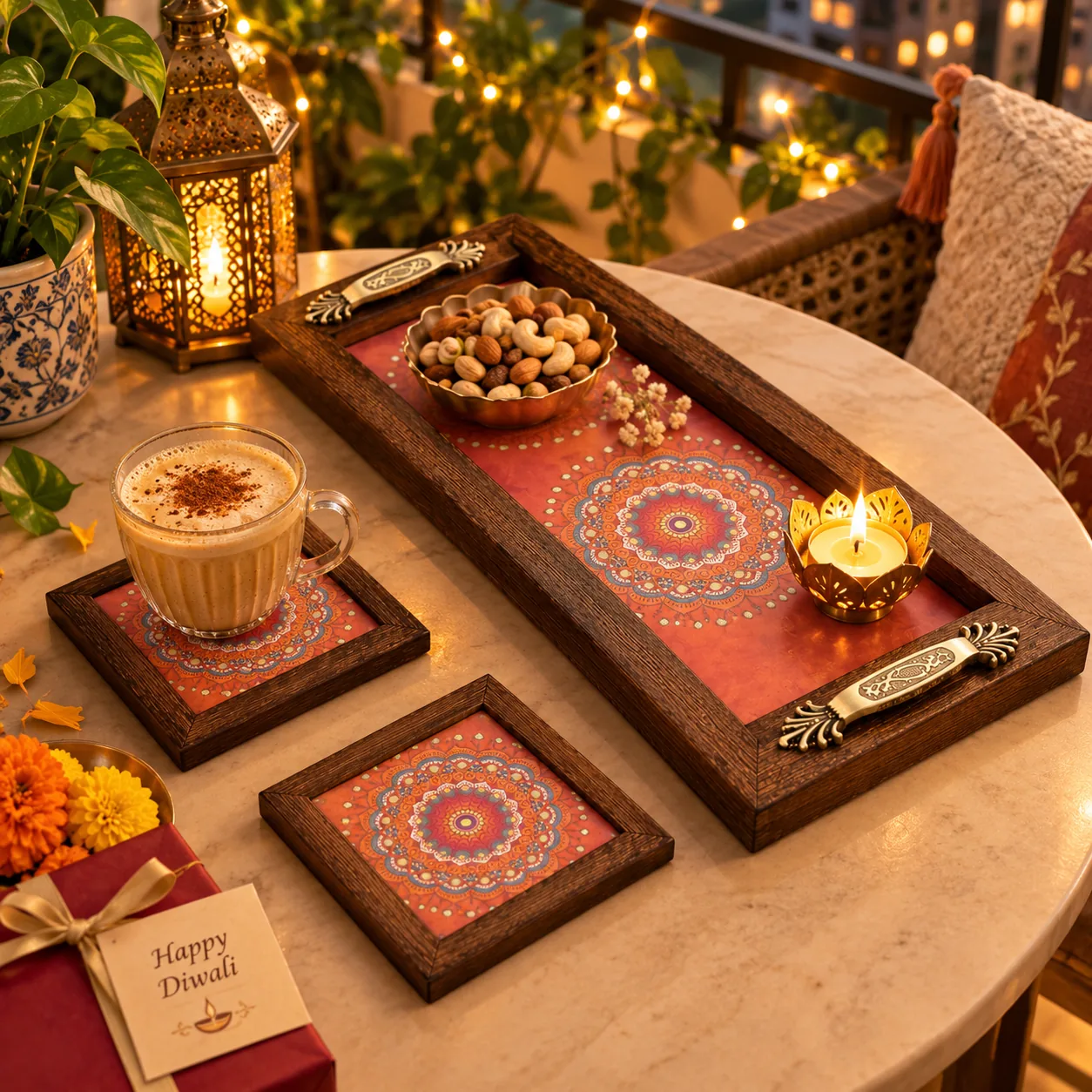 Orange Mandala Tray and Coaster Set