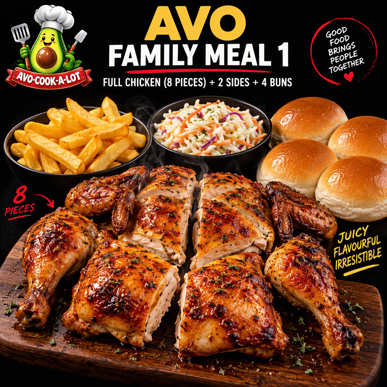 AVO Family Meal 1 Full Chicken + 2 Sides + 4 Buns