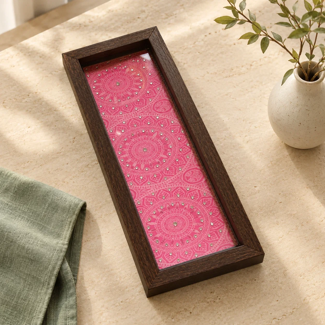 Pink Mandala Wooden Box Tray (5 × 11 in)