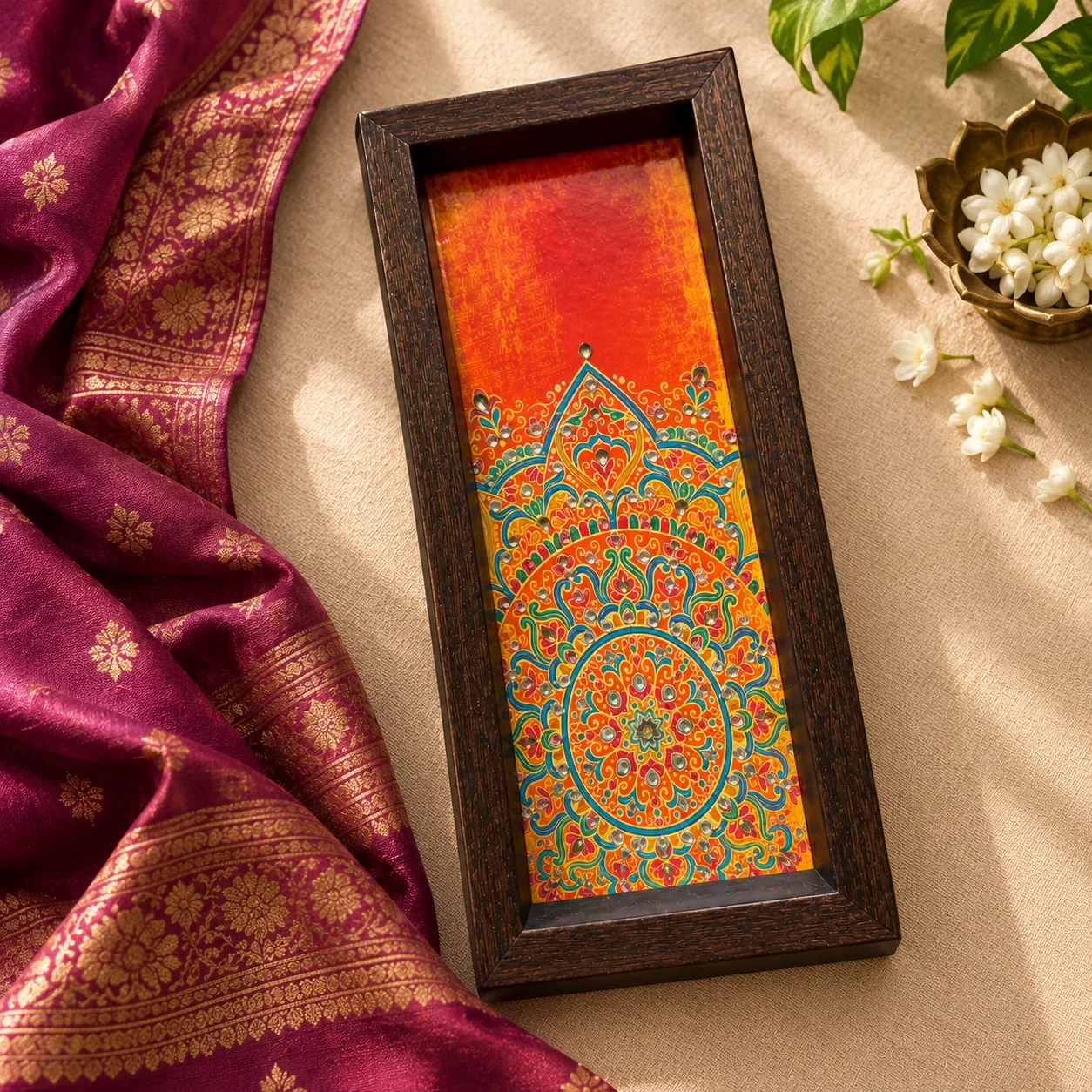 Orange & Teal Traditional Pattern Wooden Box Tray